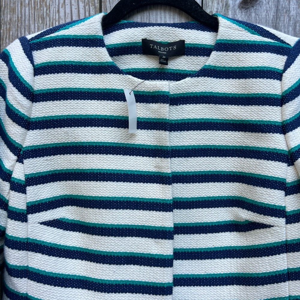 TALBOTS Tweed White Navy Jade Green Stripe Blazer Women’s 2P NWT NEW - Picture 9 of 16